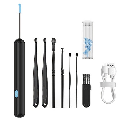 7-piece earwax removal kit includes camera, light, and 6 ear spoons. Rechargeable with lithium battery. Made with safe materials - no formaldehyde, metal, plastic, or silicone. Easy to use