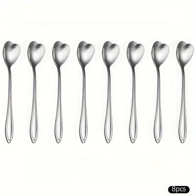 Valentine's Day Couple Korean Style Love Ice Spoon Set, 4 piece and 8 piece options, made of stainless steel. Features long handles perfect for mixing milk tea, honey, coffee, or desserts. Creative design adds a touch of style to your kitchen.