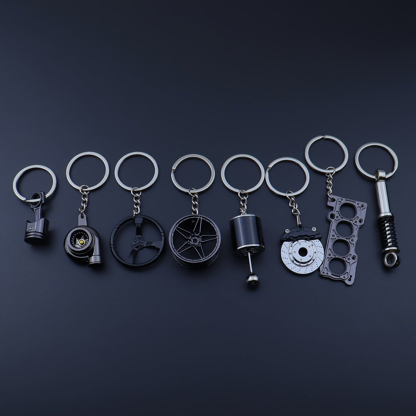 Car Enthusiast Keychain Set - 8 Pieces of Sleek Black Zinc Alloy Keychains, Showcasing Engine Components and More - Ideal Gift for Men