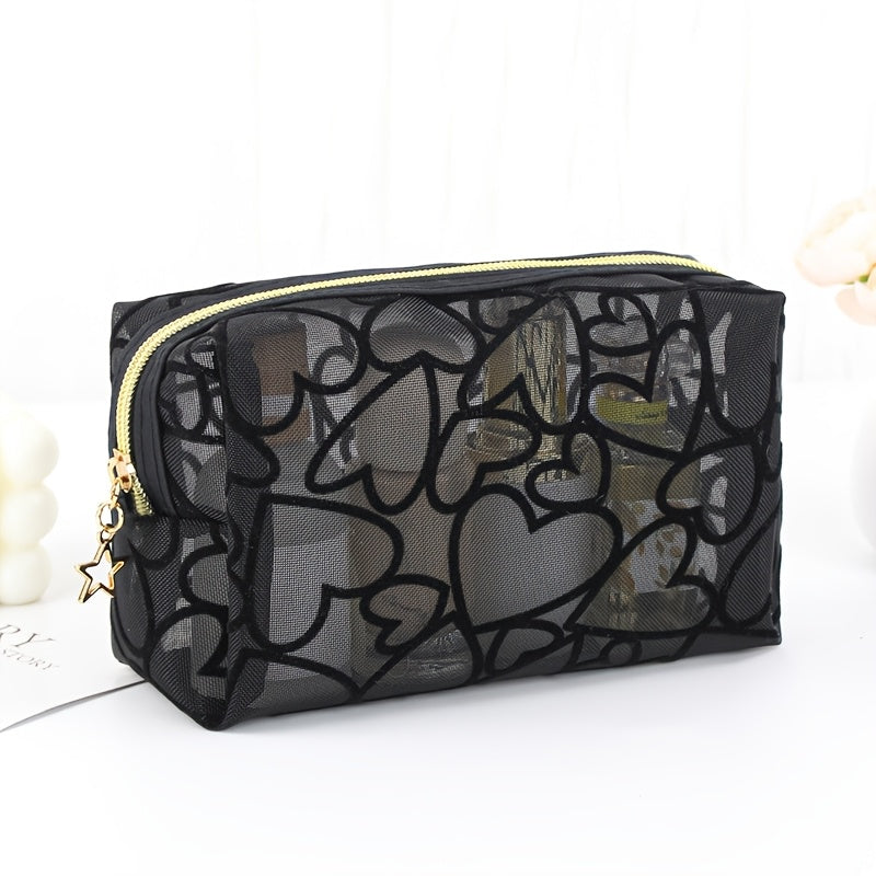 Travel in style with this portable, large-capacity mesh makeup bag in black.