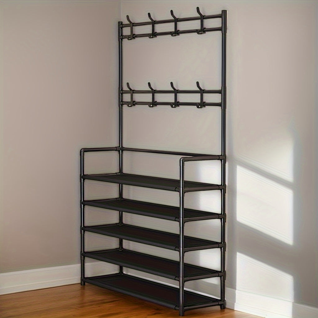 Contemporary Metal Shoe Rack with Hooks - Simple to Assemble, Standalone Storage for Entryway, Bedroom, or Home Office - Available in Black or White, with Plastic Connectors for Coats, Hats, and Scarves