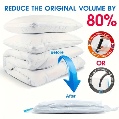 The set includes 8 extra-large vacuum storage bags measuring 40x60cm each, complete with 1 manual pump. These bags are designed to save space with their air-tight compression, keeping your items dust and moisture-proof. Perfect for storing clothes and