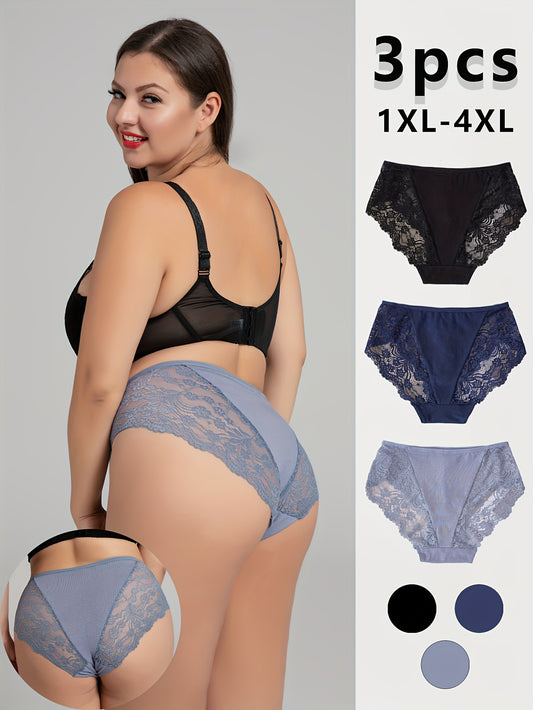 3-Pack of high-waisted, lace panties for plus-size women with floral print, made from soft, breathable stretch fabric.