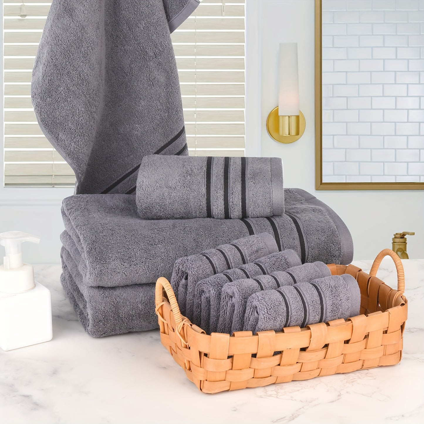 A set of 8 soft, premium cotton towels in various sizes, quick drying and fluffy, in multicolor. Includes 2 bath towels, 2 hand towels, and 4 washcloths. Perfect bathroom accessories.