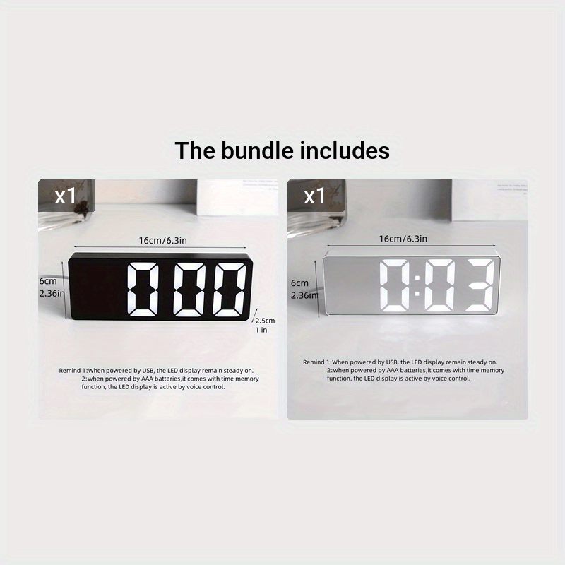 Digital clock with large LED display, mirror surface, dual brightness levels, and battery or USB charging, ideal for home décor.