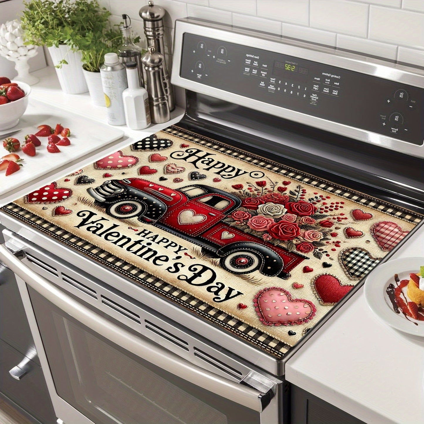 Upgrade your kitchen with a stylish Valentine's Day themed stove panel protector featuring a red truck and heart design. This durable polyester protector is heat and scratch resistant, easy to clean, and perfect for keeping your stove top looking great.