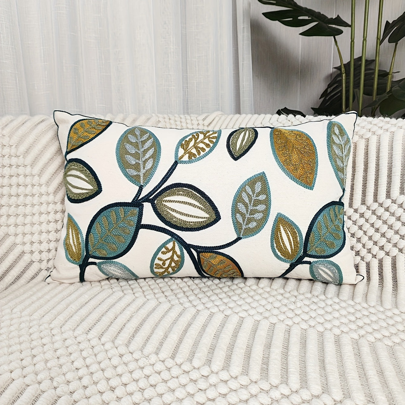 Leaf embroidered canvas throw pillow case featuring modern green & golden leaf pattern, zippered, machine washable cover for living room decor.