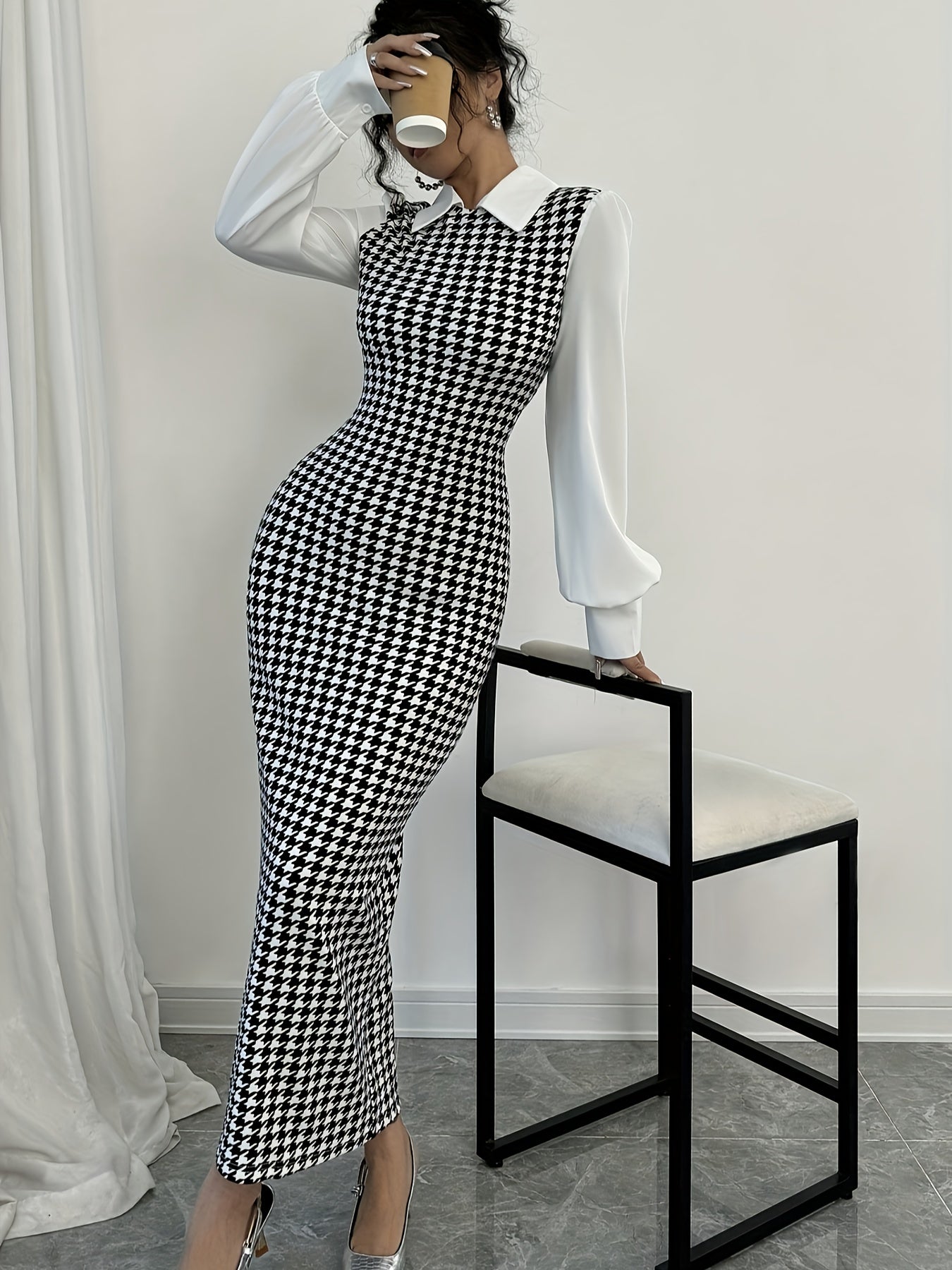 Elegant houndstooth bodycon dress for women, stand collar, long sleeve, slim fit midi dress made of knit polyester for fall/winter fashion.