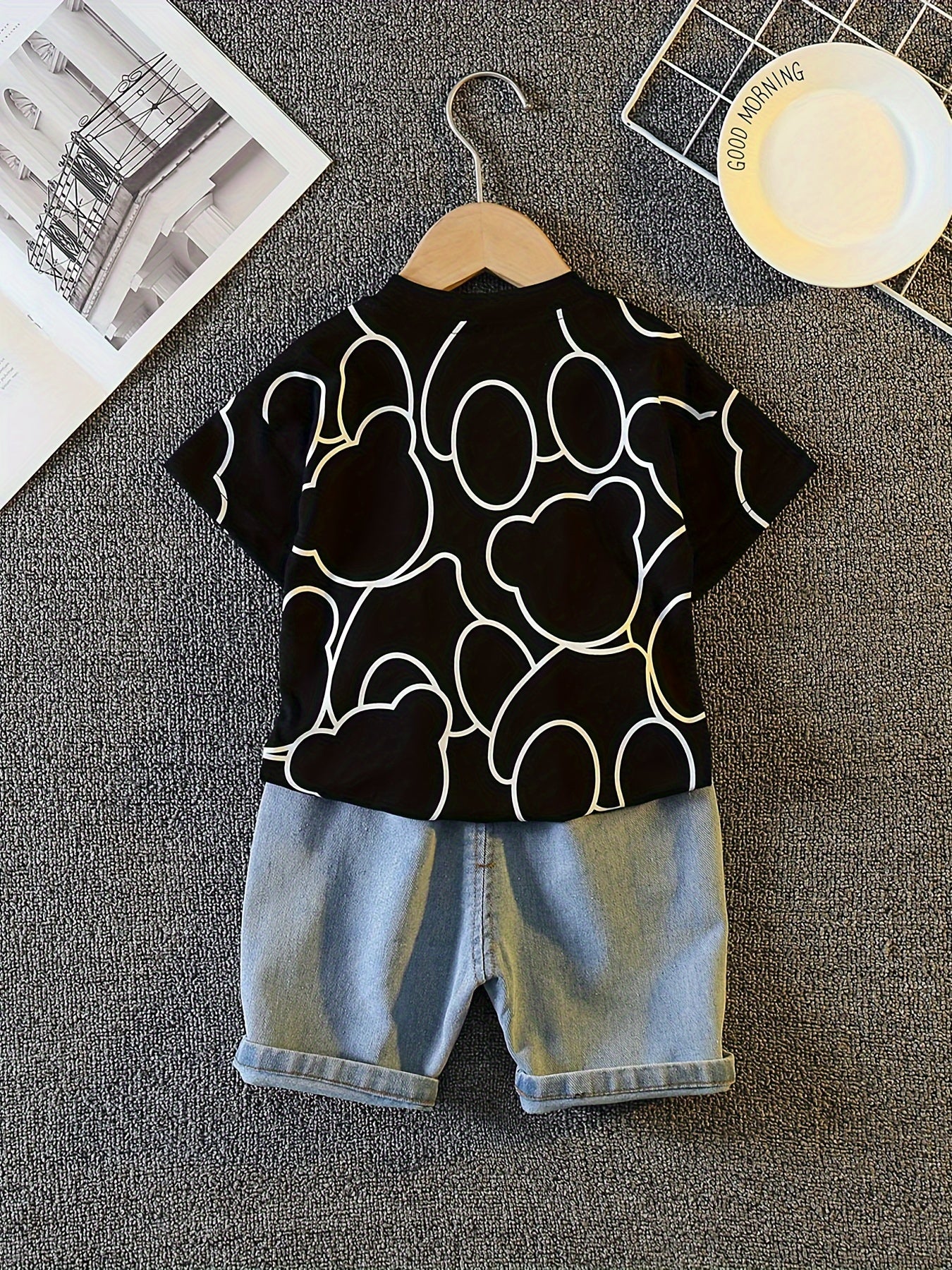 Hibobi 2-piece Boy's Casual Cartoon Bear Print Short Sleeve T-shirt & Denim Shorts Set, Ideal for Summer Daily & Outdoor Wear