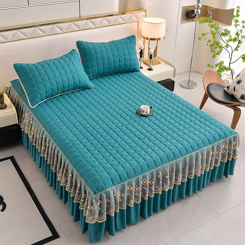 Luxury bedding set includes quilted edge bed skirt, 2 pillowcases, mattress protector, bed sheet, and duvet cover. Skin-friendly, breathable, and easy to maintain. Suitable for various