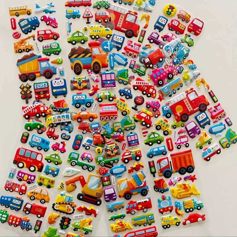 Set of 8 cartoon vehicle stickers featuring 3D Stereoscopic Cars, Fire Trucks, and Excavators. Fun and educational reward stickers in mixed colors, self-adhesive plastic.