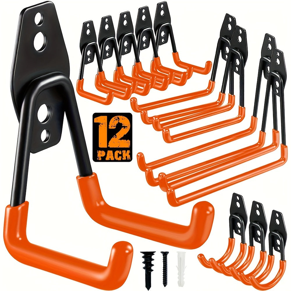 12 heavy-duty steel garage hooks for organizing power tools, ladders, bikes, and more equipment. Ideal for garage organization and storage.