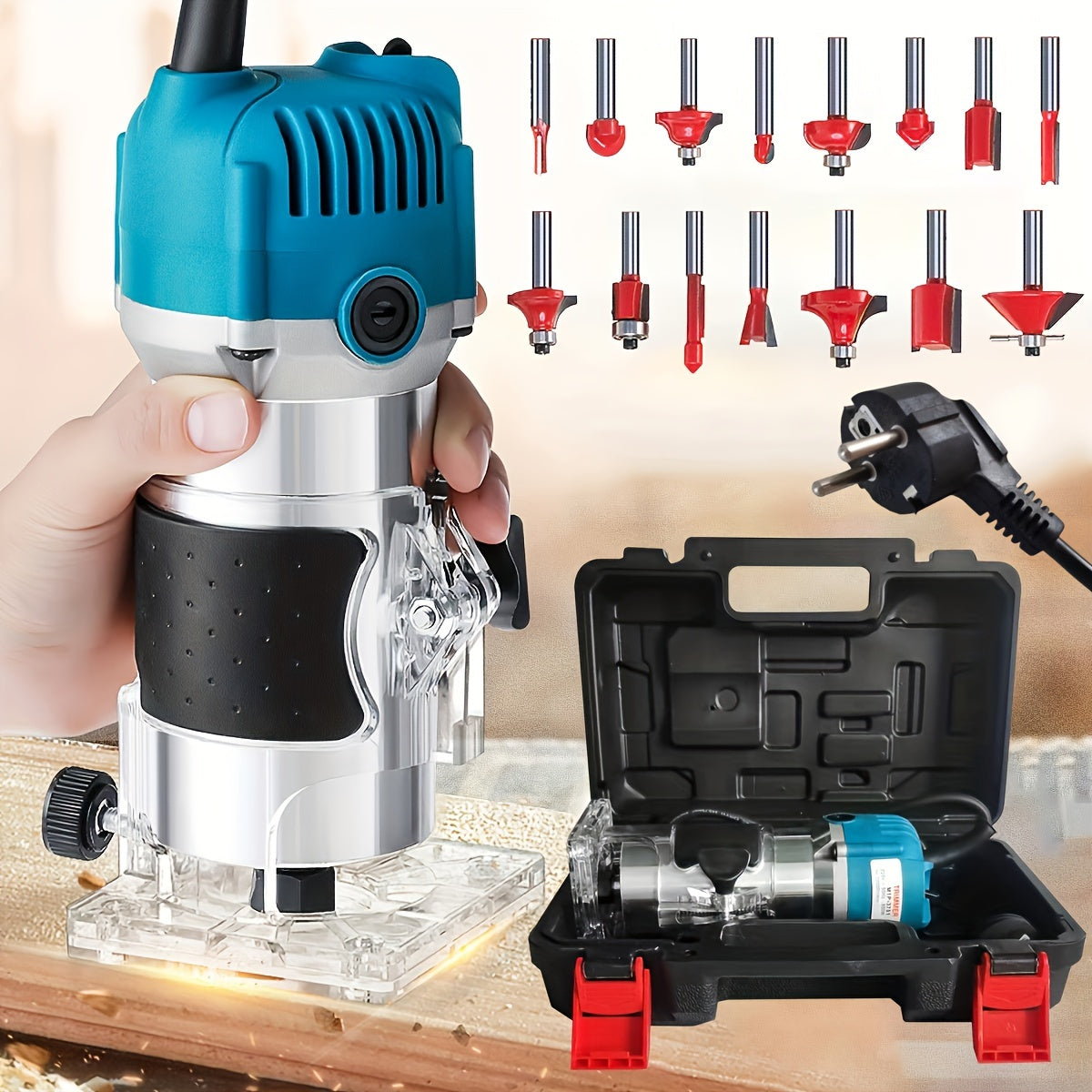 Electric Hand Trimmer Router Tool - Aluminum Alloy Woodworking Palm Router, 220-240V Power Supply, European Standard Plug, 30000 RPM, 800W for Chamfering & Hole Digging. No Battery, No