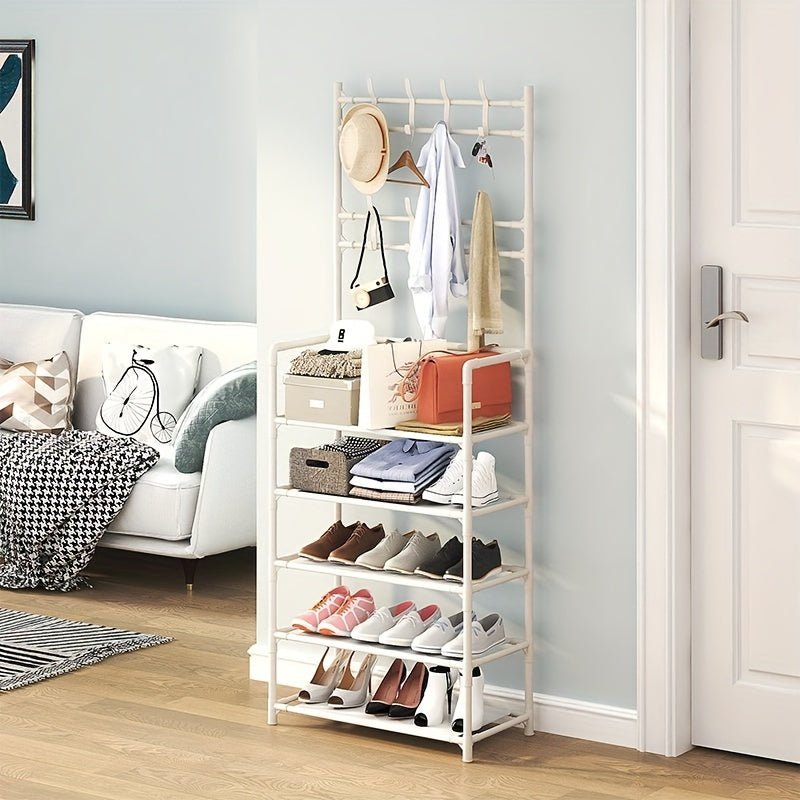 3-in-1 shoe rack with metal hooks and dust cloth, perfect for entrance, living room, or bedroom. Easy to assemble and move, provides sturdy storage.