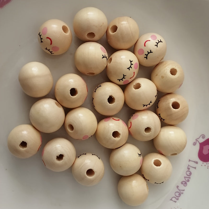 Fifty pieces of 14MM Wooden Hole Beads, Ball Spacer Beads with Holes, Cute Smiling Doll Head Beads for DIY Jewelry Making, Perfect for Eyelash Girls Face Designs.