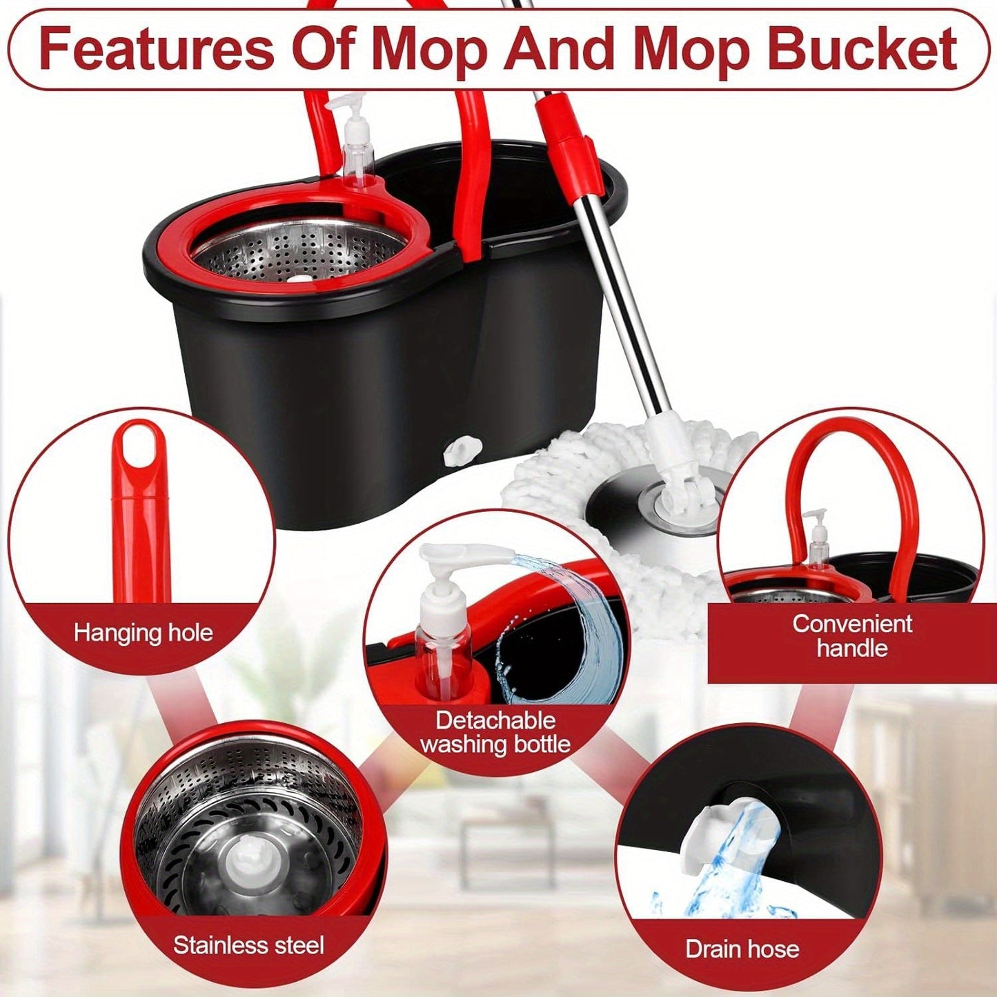 Get the perfect cleaning solution with our 360° Rotating Mop and Bucket Set. This set includes a Squeeze Dryer, 3 Microfiber Heads, and an Adjustable Stainless Steel Handle. It's ideal for cleaning any room in your home - bedroom, bathroom, kitchen, or