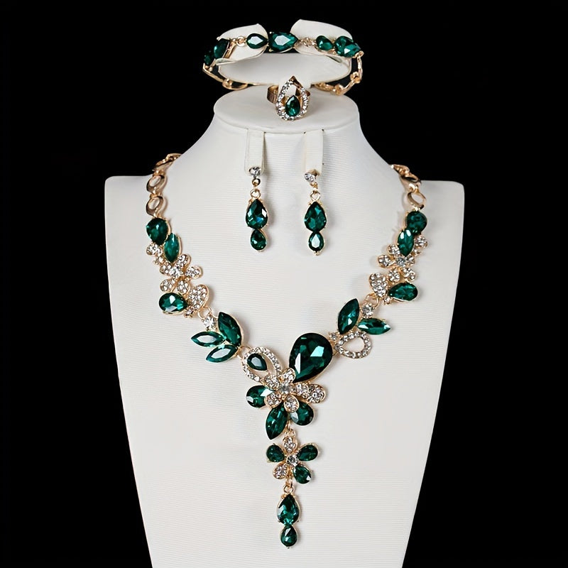 Choose Your Preferred Color Elegant Jewelry Set with Dangle Earrings, Necklace, Bracelet, and Ring. Perfect for Engagement, Wedding, or Eid Gifts. Paved with Rhinestones.