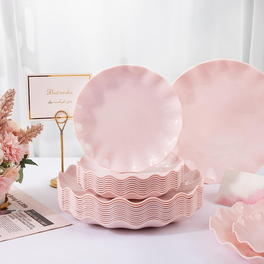 Reusable pink plastic plates, set of 24, durable, microwave and dishwasher safe for parties and weddings.