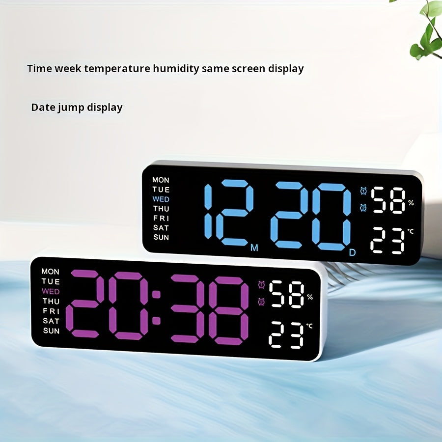 LED digital clock with temperature, humidity display - silent, multi-functional wall/table clock for home or office décor.