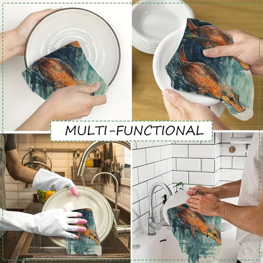 Set of 2 Ultra Soft Kitchen Towels featuring a unique and rare love story of two platypuses swimming in watercolor style. These highly absorbent dish hand towels are perfect for holiday decor. Machine washable, measuring 16x24 inches. SKU: 2KYSMF1223210