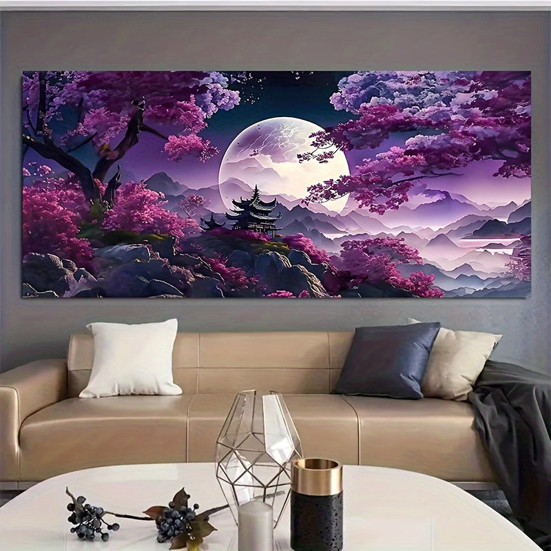 Modern abstract mountain water oil painting with purple background, moon, and tree - art print for living room and home.(Frame not included)