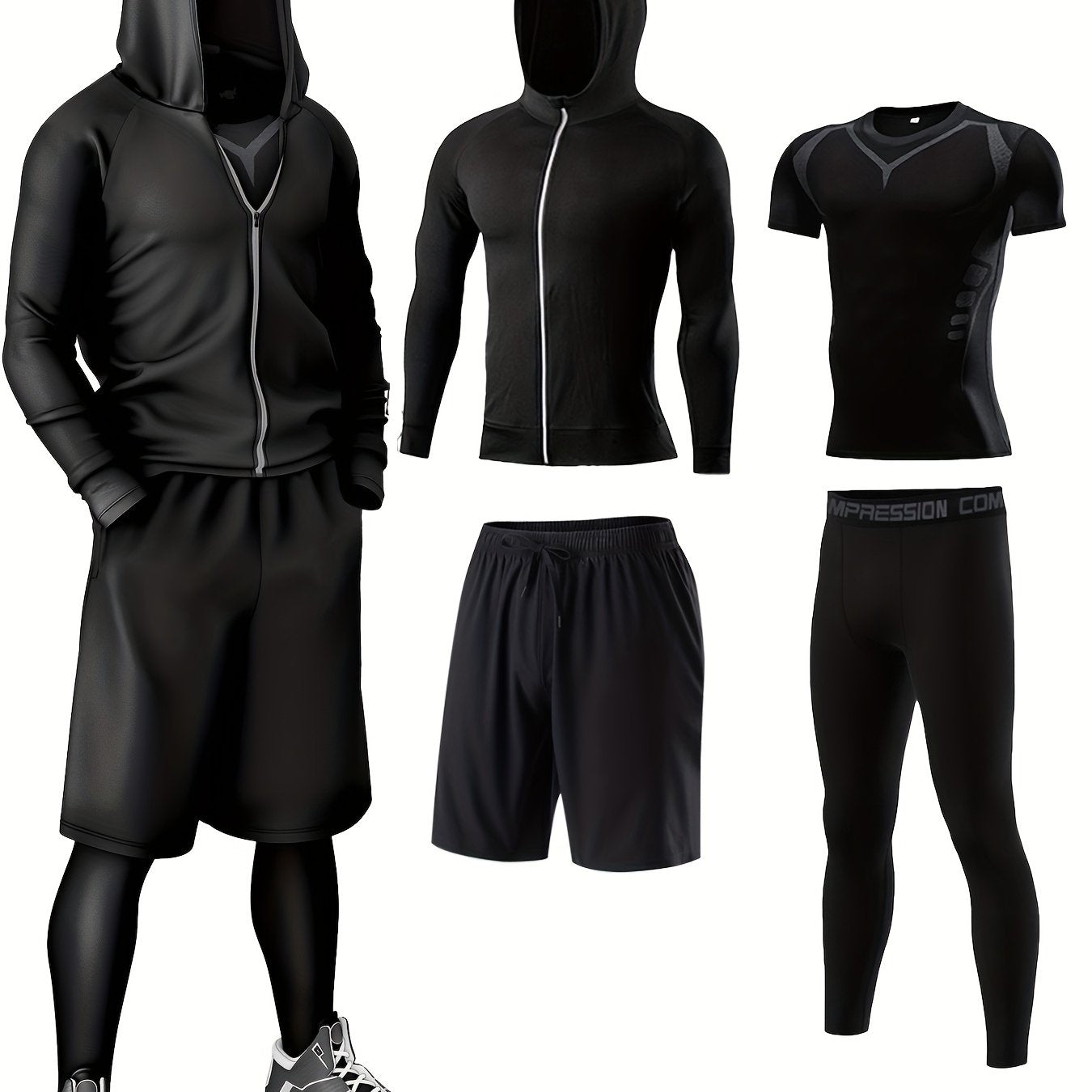 Polyester and elastane blend athletic set includes crew neck hoodie and skinny fit bottoms for running, fitness, cycling, and outdoor activities.