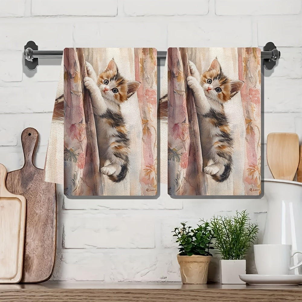 Two pieces of ultra soft kitchen towels featuring an adorable kitten climbing curtains design. These highly absorbent and machine washable dish hand towels also showcase a contemporary floral pattern. Ideal for home decor, these towels measure