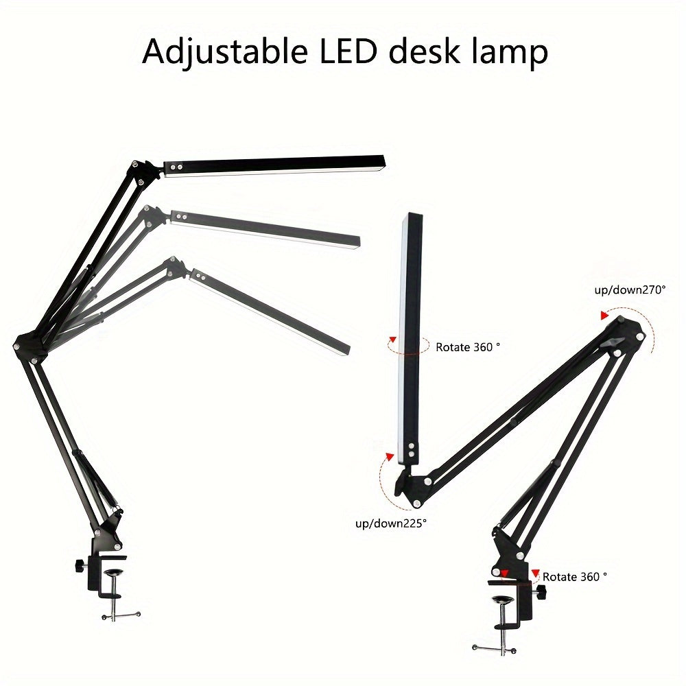 Adjustable LED desk lamp with clip-on base, USB powered, 3 color temperatures & 10 brightness levels. Modern swing arm design for office, reading, and study.