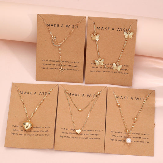 Set of 6 elegant pendant necklaces with butterfly, star, moon, and heart charms. Made of zinc alloy with no plating. Versatile fashion jewelry for women, perfect for daily wear or vacation.