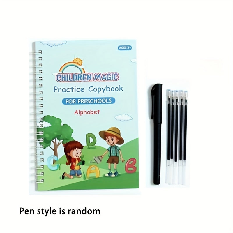 Kids Educational Writing Practice Set includes spiral bound copybook with pen for preschoolers to learn alphabet, numbers, and addition for early literacy and math skills development.