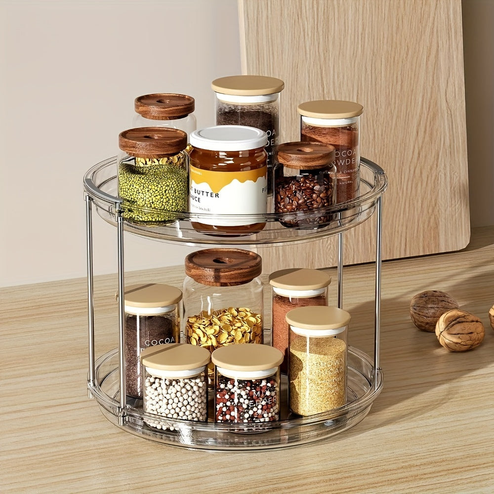 Lazy Susan Turntable Organizer with 2 Tiers - 23.5cm Rotating Spice Rack for Kitchen Cabinet, Pantry, and Countertop. Features Clear Plastic and Stainless Steel Open-Storage for Spices and Condiments. Can also be used as a Makeup Organizer for Bathroom