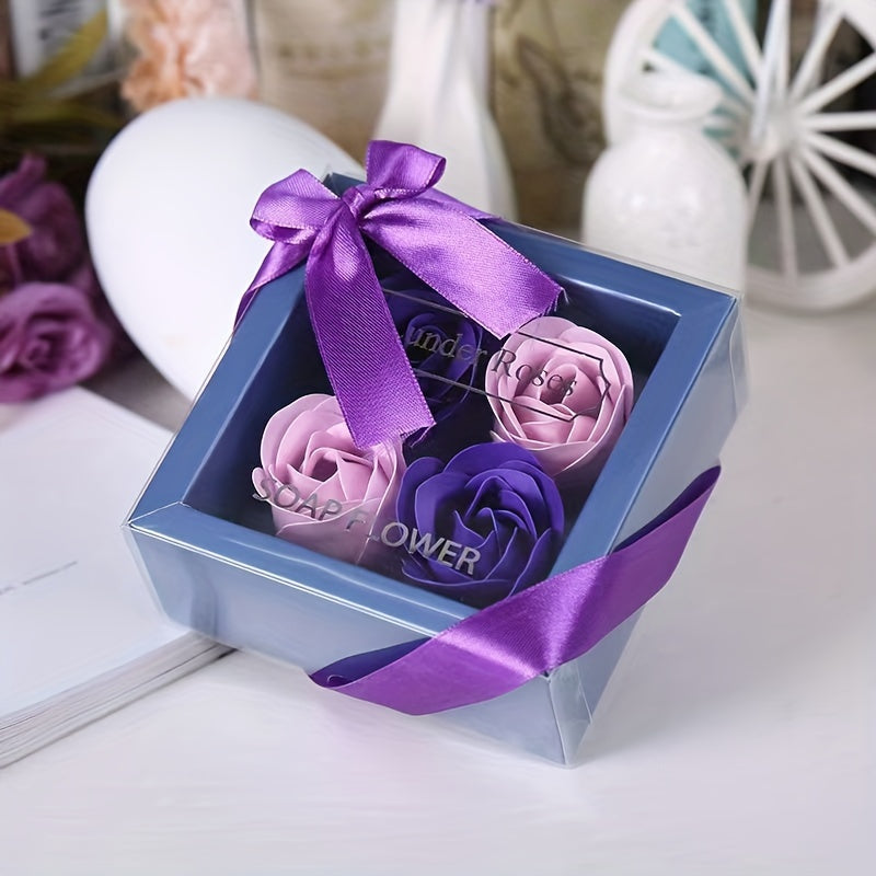 Gift box with 4 artificial rose soap flowers, ideal for Valentine's Day, Mother's Day, Christmas, or weddings.