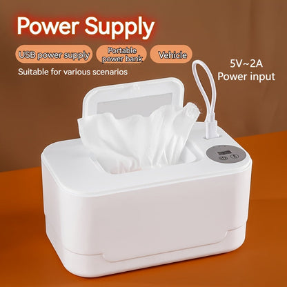 Portable USB night-light wet wipes warmer and dispenser perfect for use at home, in the car, or while traveling. Features a large capacity and compact design for easy storage.