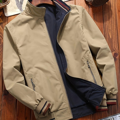 Men's casual jacket with stand collar, made of 100% polyester softshell fabric. Features a regular fit, zipper closure, and solid color design.