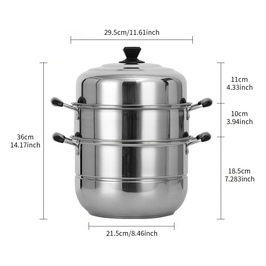 The Stainless Steel 3-Tier Steamer Set features 4 pieces and a versatile double boiler design with a thick durable construction for even heat distribution. It includes a soup pot, steaming tray, steamer insert, and lid, perfect for cooking dumplings