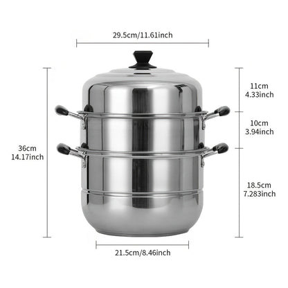 The Stainless Steel 3-Tier Steamer Set features 4 pieces and a versatile double boiler design with a thick durable construction for even heat distribution. It includes a soup pot, steaming tray, steamer insert, and lid, perfect for cooking dumplings