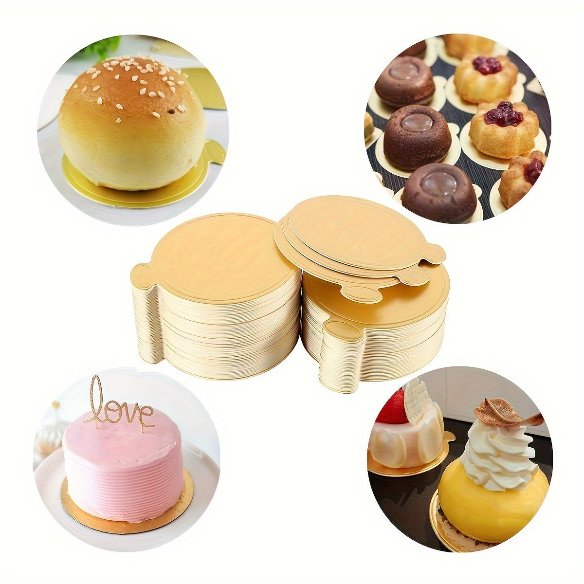 Golden cardboard mini cake bases, ideal for serving mousse desserts at weddings, birthday parties, and other special occasions. Each pack includes 50/100 round disposable paperboard cupcake boards for elegant party displays.