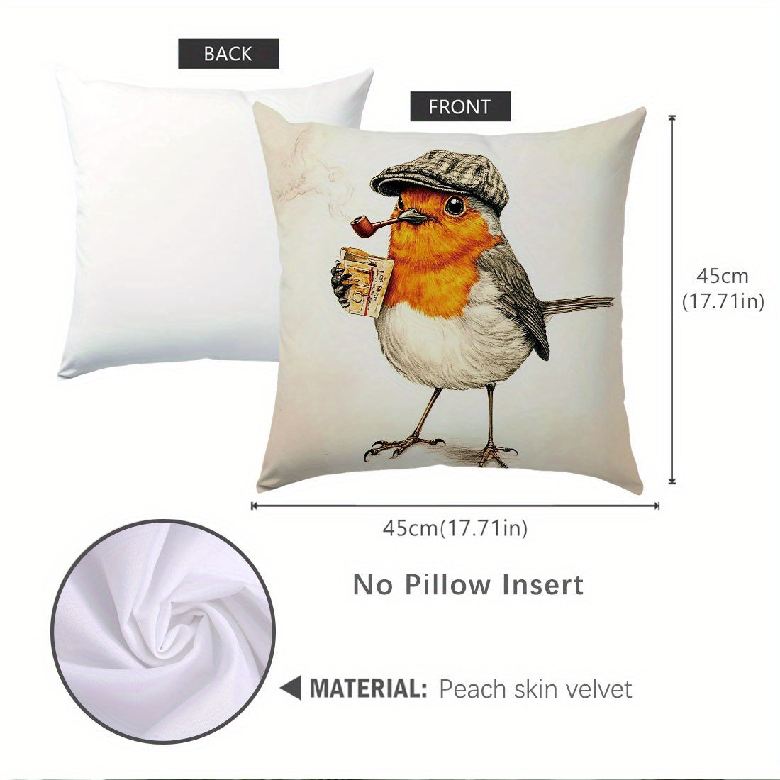 1pc of 44.96x44.96cm Single-Sided Printed Cushion Cover featuring Smoking Robin Retro Style. Made of polyester, zipper closure, machine washable. Ideal for living room, sofa, bedroom decor with contemporary flair.