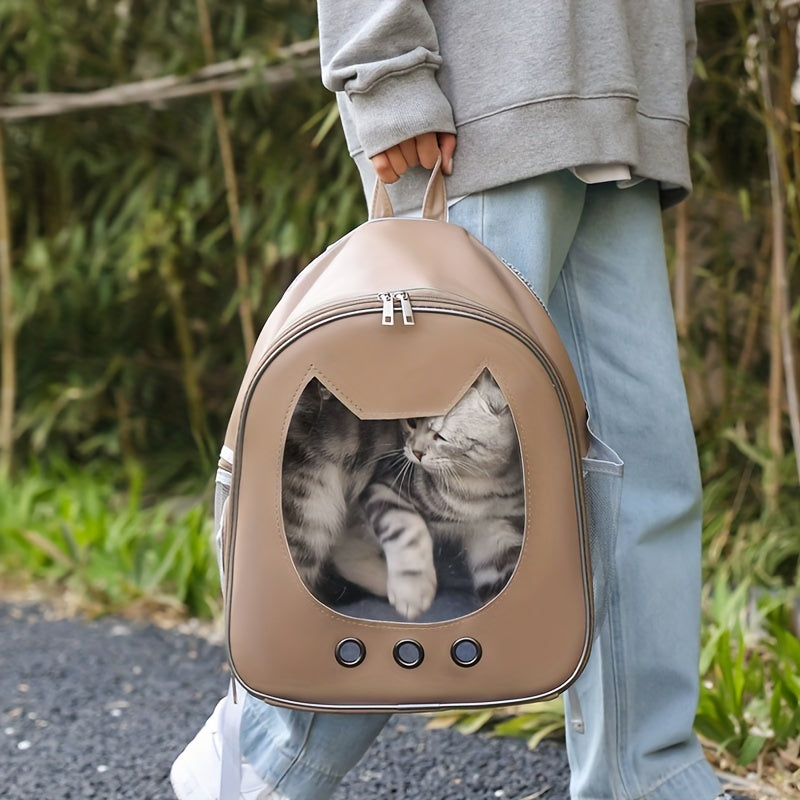 Portable cat backpack carrier with water-resistant material, breathable design and zip closure. Features comfortable shoulder straps for cats and small dogs, perfect for outdoor adventures.