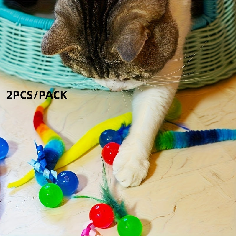 Two assorted color cat toy elastic balls for self-entertainment, with stripe pattern and medium size, plush material for caterpillar jumping toys.