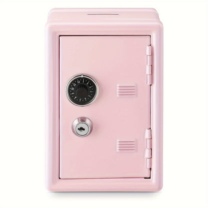 Small iron money safe with coded combination lock and key, built-in change storage for home and office use.