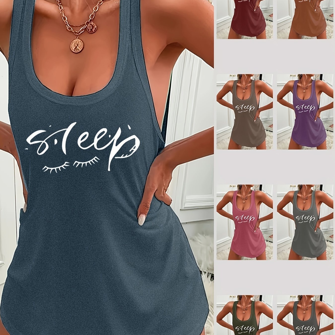 Women's casual sleep tank dress with "Sleep" print, made of lightweight polyester knit fabric for all-season comfort.