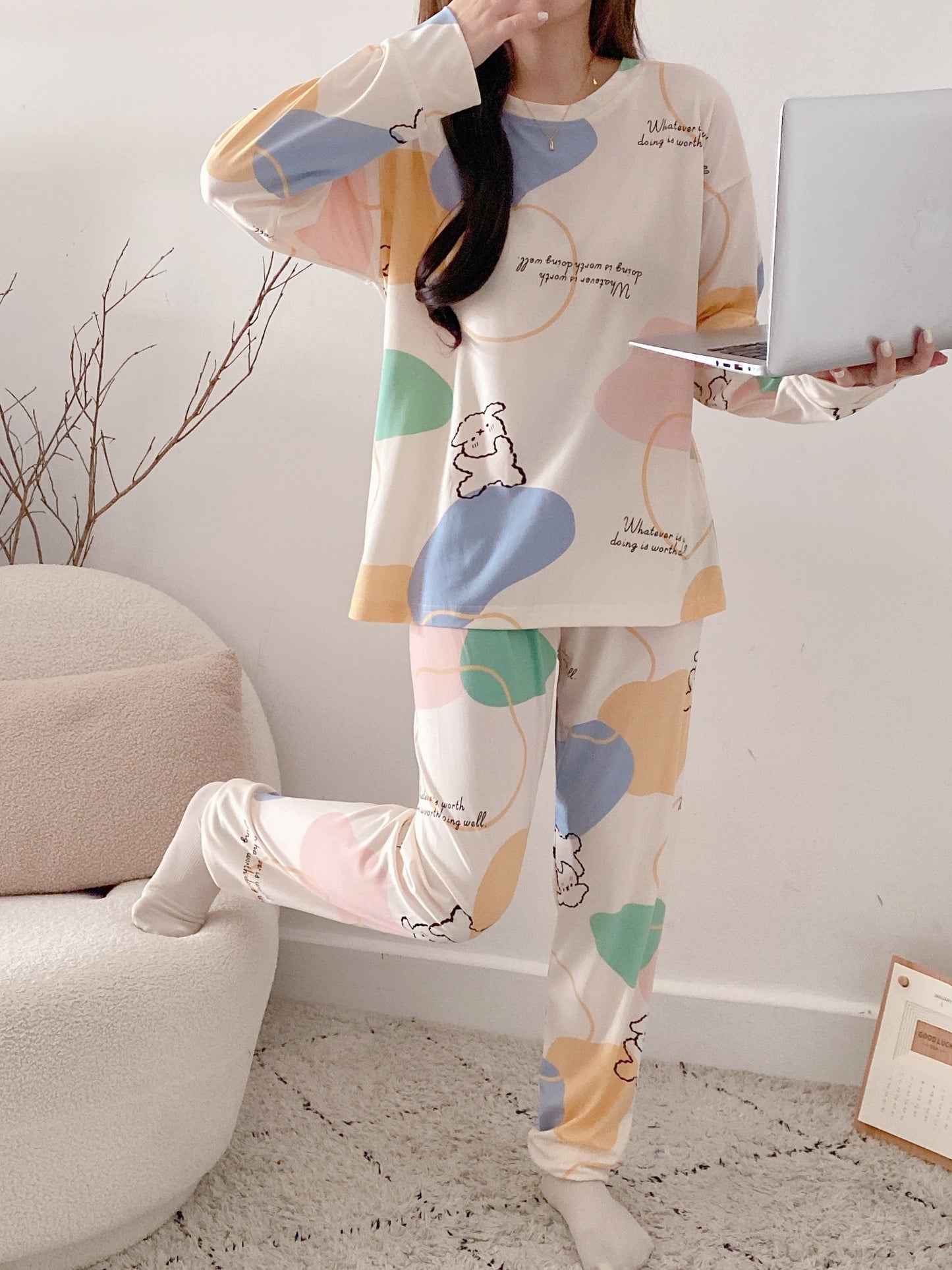 Women's Letter Print Pajama Set - Cozy for Fall