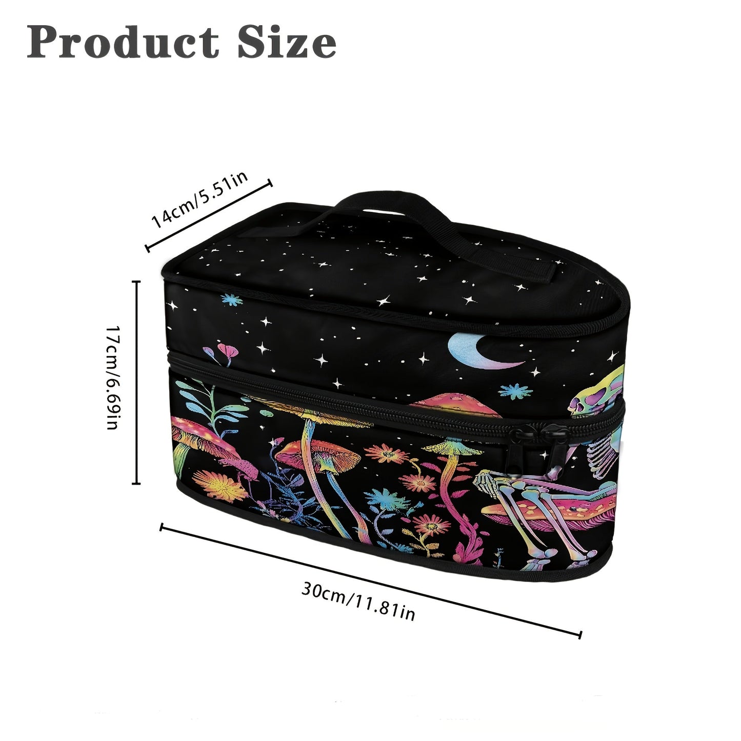 Travel in style with this Portable Ironing Bag featuring a unique Mushroom Skull print. This bag is equipped with a dual zipper and top handle for easy carrying. Made of dust-proof polyester, it is ideal for storing or transporting your clothes