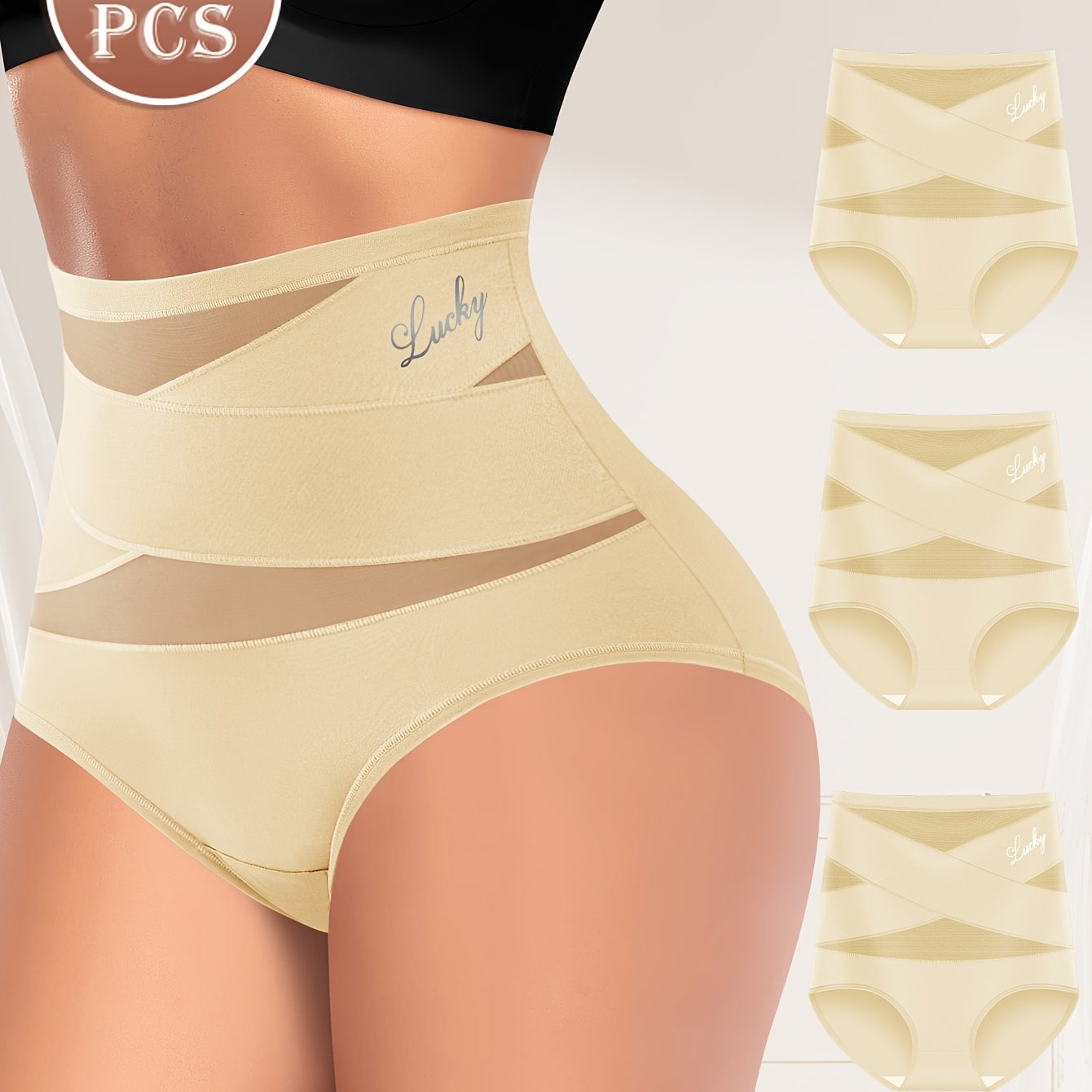 High-waisted tummy control panties, breathable mesh, seamless triangle shapewear with butt lifting feature (3 pieces).