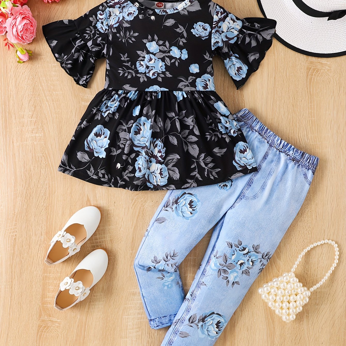 Set of floral peplum top with flare sleeves and matching leggings for girls, perfect for summer outings.