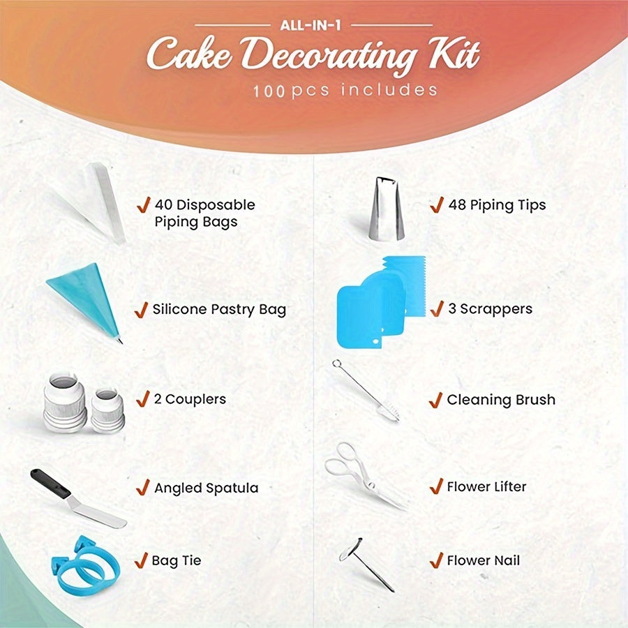 This cake decoration set includes 74 out of 100 pieces, featuring a variety of baking tools such as 48 stainless steel decorative tips, 50 thickening disposable decorative bags, cake scraper, spatula, recycling decorative bags, decorative scissors