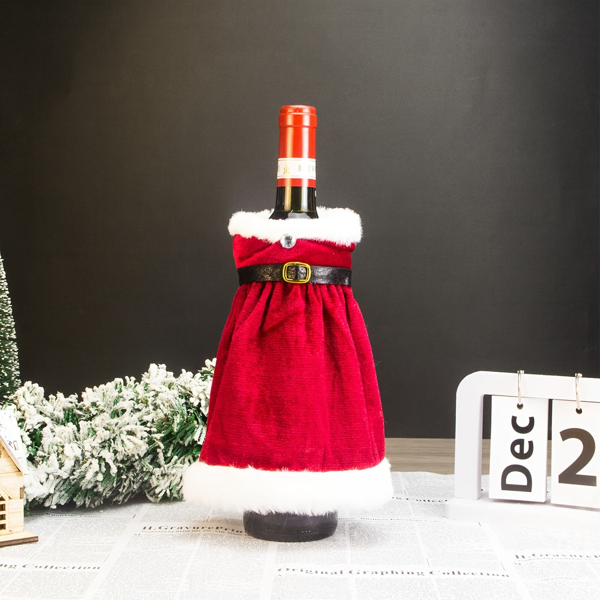 Christmas decoration set including a gold velvet wine bottle cover, a straight tube skirt, and a plush wine bag for holiday dressing up.