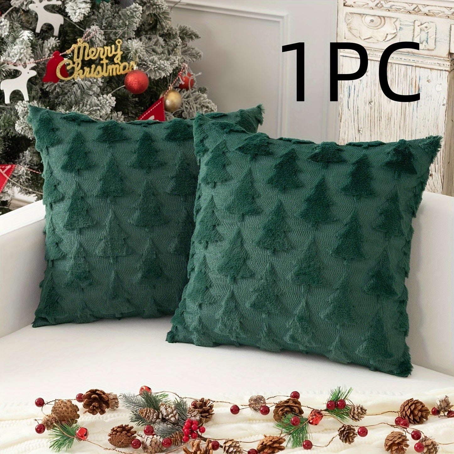 Festive Christmas tree pillow cover made of soft plush faux fur jacquard, 45.72x45.72 cm with zippered closure. Machine washable, perfect for holiday and winter home decor.