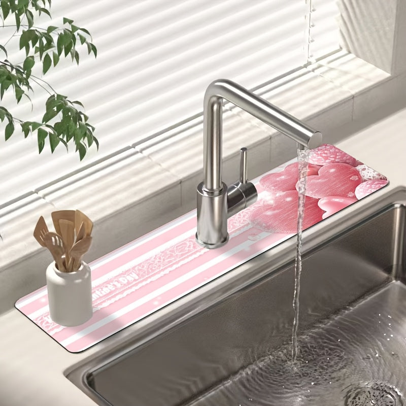 Pink Striped Love Faucet Mat - Perfect for Valentine's Day! Made from durable polyester, this moisture-proof and absorbent drain pad is ideal for use in the kitchen or bathroom. Features a diatom mud suction cup design for extra grip.